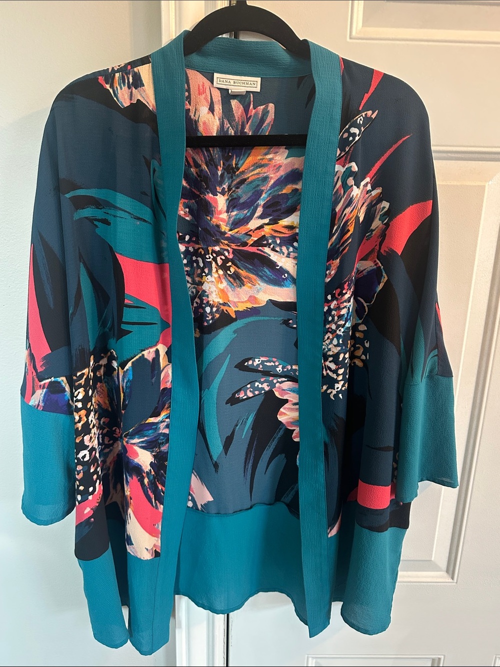 Dana Buchman Teal and Navy Floral Open Cardigan